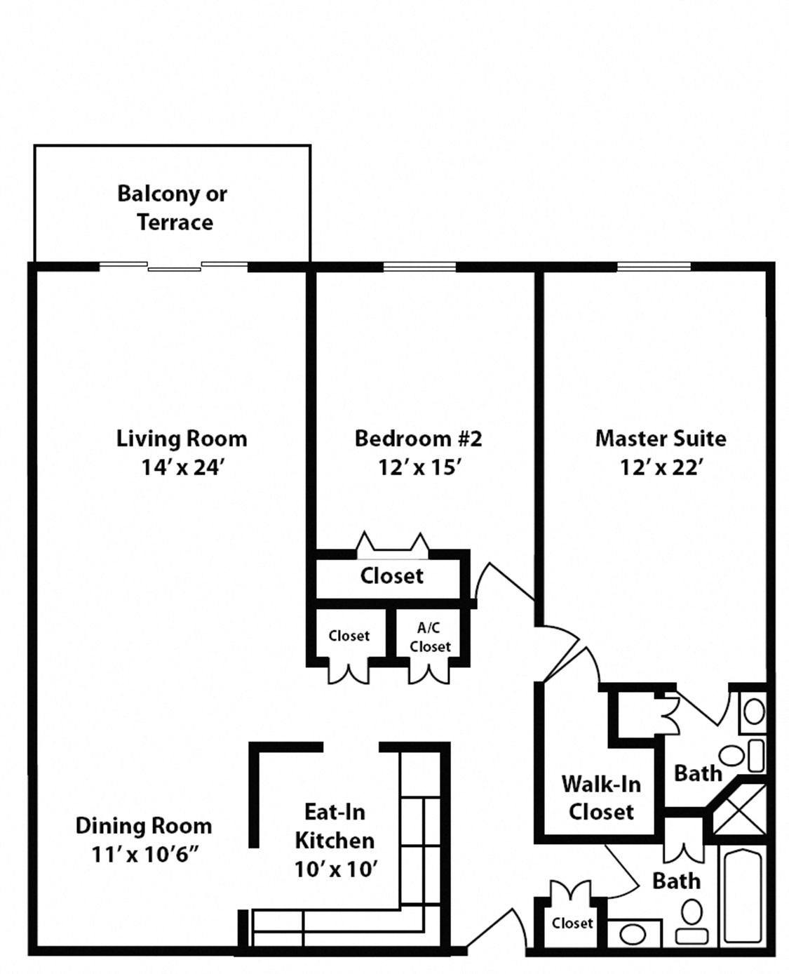 Floor plan for 2 beds, 2 baths, 1440 sqft